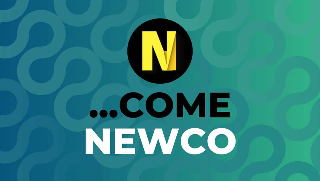 Il logo di una newco su sfondo blu e verde.